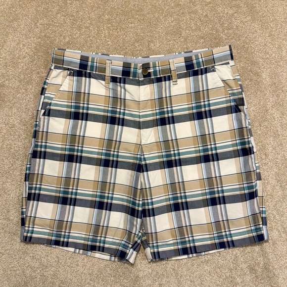 croft & barrow Other - Croft‎ & Barrow Shorts Mens 36 Blue Tan Plaid Flat Front Cotton Blend Casual
